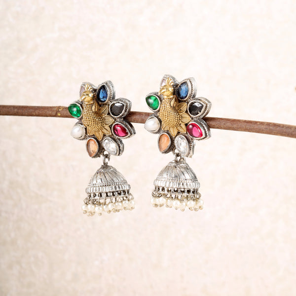 Antique Silver Multicolor Mayur Jhumkis
